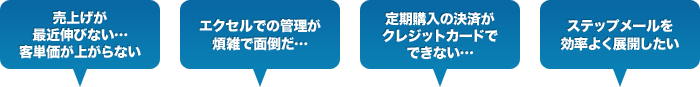 売上げが 最近伸びない… 客単価が上がらない／エクセルでの管理が 煩雑で面倒だ…／定期購入の決済が クレジットカードで できない…／ステップメールを 効率よく展開したい